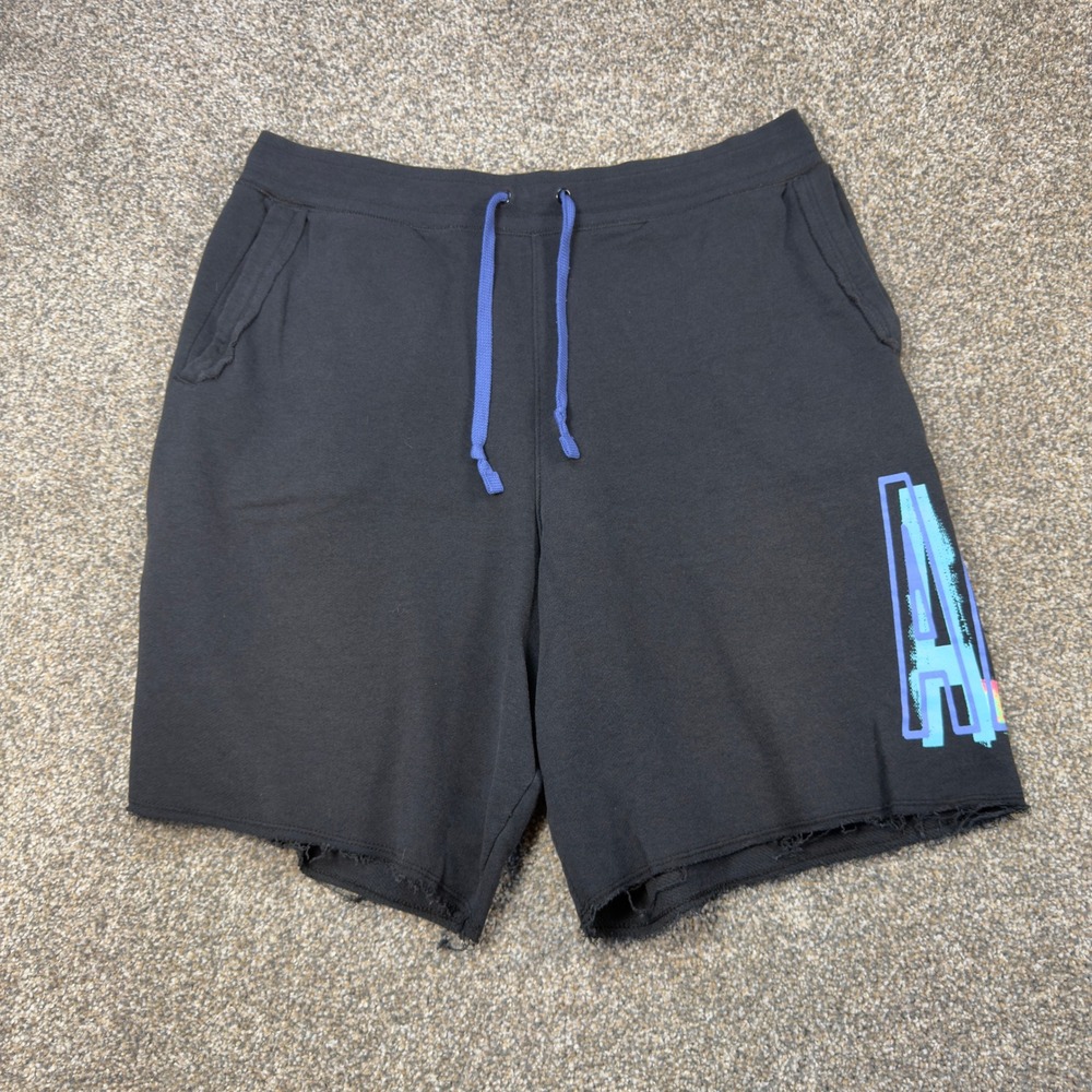 Nike Air Mens French Terry Shorts Black Graphic Raw Hem Drawstring Large